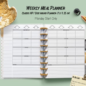 May include: A weekly meal planner with a classic HP/Disc bound planner design. The planner is 17.8 cm by 23.5 cm and has a Monday start. The planner has sections for breakfast, lunch, snack, and dinner. It also has a to-do list and notes section.
