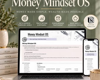 May include: A digital financial planning tool titled Money Mindset OS displayed on a laptop screen and a smartphone. The interface features sections for financial goals, income tracking, budget management, and wealth building metrics.