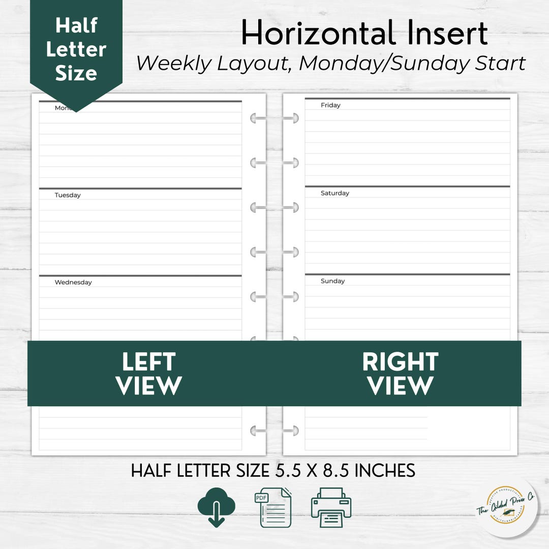 Half Letter Weekly Planner Inserts Printable | Horizontal Weekly Layout ...