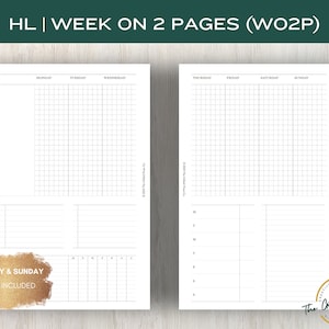 Może przedstawiać: Drukowany szablon planera na tydzień na dwóch stronach. Szablon zawiera siatkę do planowania codziennego i linie do robienia notatek. Tekst "HL | WEEK ON 2 PAGES (WO2P)" znajduje się na górze strony. Tekst "MONDAY & SUNDAY START INCLUDED" znajduje się na dole strony.