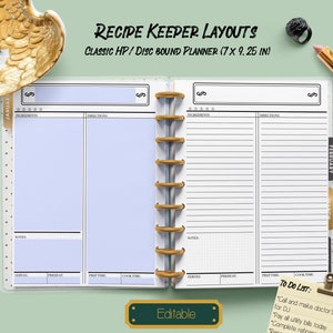 May include: Recipe planner with a light blue interior, labelled "Recipe Keeper Layouts", measuring 17.78 cm x 23.5 cm. The pages are designed for recording recipes, with sections for ingredients, directions, and notes. A gold-coloured pen and lipstick are visible.