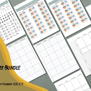 May include: A fitness bundle featuring a calendar, portion control containers, and blank pages for meal planning and fitness tracking. The bundle is designed for a 9.25 x 7 inch classic happy planner.