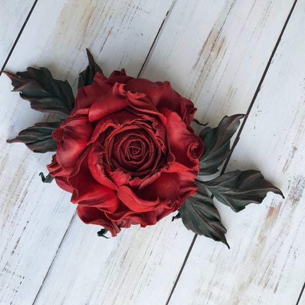 Leather rose, leather flower, Rose leather brooch, Red leather rose, Leather flower brooch, Leather wedding gift, Mothers Day gift, Brooch