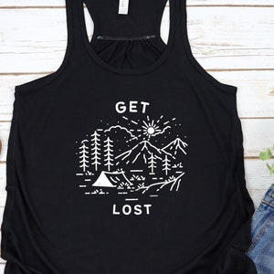 Get Lost | Women&#39;s Graphic Flowy Racerback Tank, Camping Hiking Tank Top for Women, Cute Outdoorsy Racerback, Mountains Graphic Tank Top