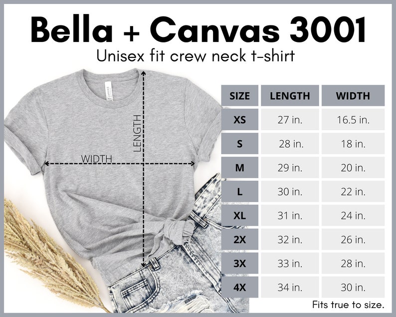 Pu&ograve; includere: Una t-shirt grigia a collo rotondo unisex Bella + Canvas 3001 con una tabella delle taglie che mostra le misure in pollici. La tabella include le taglie XS, S, M, L, XL, 2X, 3X e 4X. La t-shirt &egrave; appoggiata su una superficie bianca.