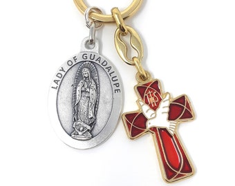 Our Lady of Guadalupe Keychain, Holy Spirit Cross Keychain, Cross and The Lady of Guadalupe Medals, Confirmation Keychain, Confirmation Gift