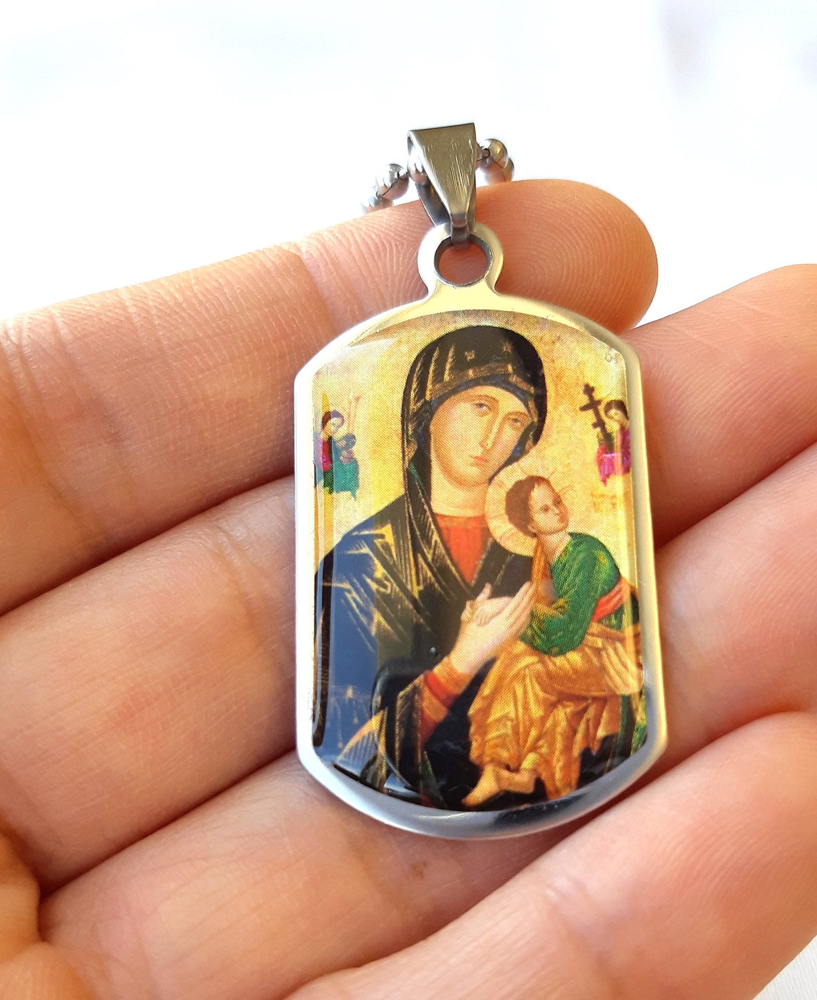 Our Lady of Perpetual Help Necklace Exquisite Devotional Jewelry Stainless Steel Hypoallergenic 13 inch Chain Etsy Canada