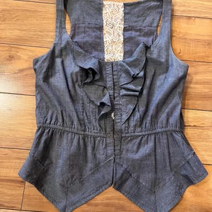 Upcycled Denim Vest with Lace – Boho Jean Vest, Raw Edge, Ruffled Western Vest
