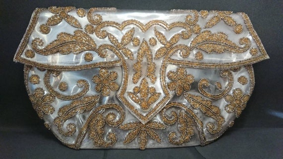 1940s Soft clear plastic and beaded clutch bag.