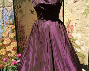 1950s, Claret Satin Evening Dress by Vicky Johnson