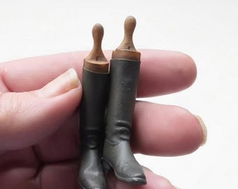 Miniature Victorian boots with wooden holders (Scale 1:12) Dollhouse Accessory/Diorama