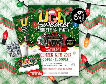 May include: A green and red Christmas party invitation with a festive design. The invitation features a cartoon ugly sweater, snowflakes, and confetti. The text reads "Ugly Sweater Christmas Party" and includes the date and time of the event.