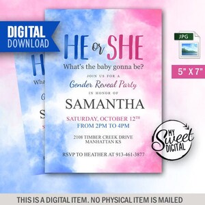 Baby Shower Gender Reveal Invitation Instant Download, Baby Shower Invite Theme, Personalized Party Invite, Invitation imprimable 5x7