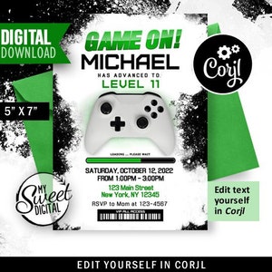 Gamer Geburtstagseinladung, Video Gamer Invite Theme, Personalisierte Party einladen, 5x7 und 4x6 bearbeitbare Corjl druckbare Einladung