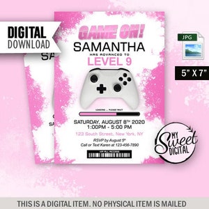 Mädchen Gamer Geburtstagseinladung, rosa Video gamer laden Thema, personalisierte Party einladen, 5 x 7 druckbare Einladung JPG, digitale Datei