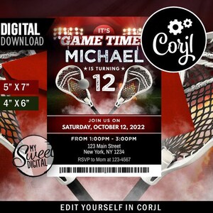 Lacrosse Sport Birthday Invitation, Red and Black Boy&#39;s Youth Sports Team Player B-Day Invite, Instant Digital Download Invite