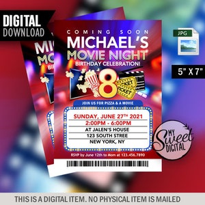 Film Nacht Geburtstagseinladung, Sleepover laden Thema, personalisierte Party einladen, 5 x 7 druckbare Einladung JPG, digitale Datei