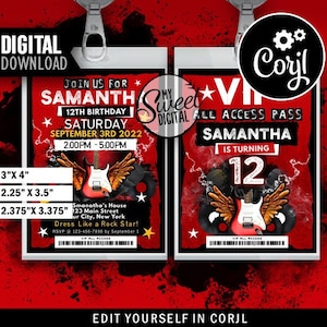 Music Rockstar VIP Band Birthday Party Pass Invitations, Red Rock Star Pop Party Vip Pass, Lanyard 2 Sides Birthday Invite, Edit in Corjil