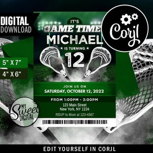 Modelo editável de convite de aniversário de lacrosse, convite esportivo para meninos, convite de aniversário para jogador da equipe esportiva juvenil verde, download digital instantâneo