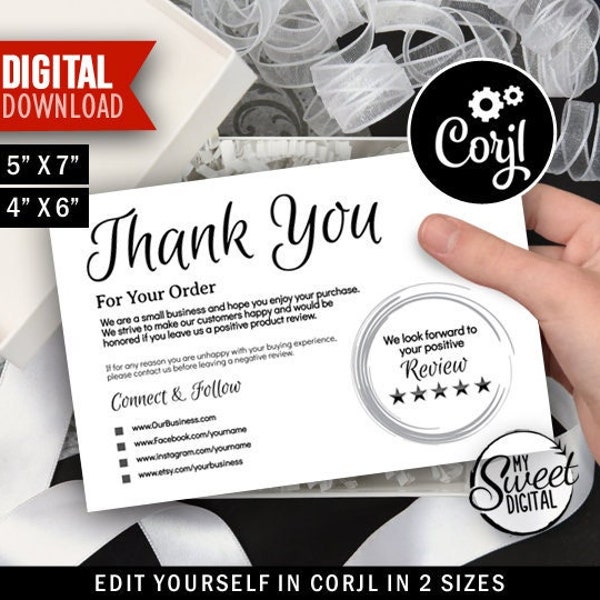 Thank You Seller Card for Etsy, Ebay or Amazon Store, Product Rating Review Thank You Card, Editable Template, Printable Card, Digital File