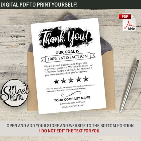 Seller Thank You Card for Etsy or Amazon Store, Product Rating Review Thank You Card, Editable PDF, Printable card, Digital PDF