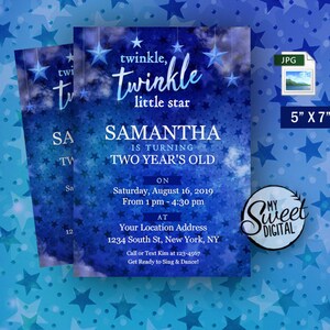 Twinkle Twinkle Little Star Verjaardagsuitnodiging, Baby Child Invite Theme, Gepersonaliseerde Event Party Invite, 5x7 JPG Afdrukbare uitnodiging