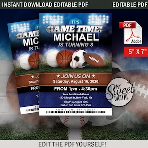 All Star Sport Baseball, Football, Basketball, Invitation d'anniversaire de football, Invitation de fête personnalisée, 5x7 PDF modifiable Invitation imprimable