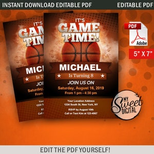 Invitation d'anniversaire de basket-ball de téléchargement instantané, thème d'invitation de sport, invitation personnalisée de partie, invitation imprimable de 5x7 PDF modifiable