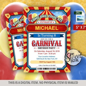 Convite de aniversário de circo de carnaval, tema de convite de carnaval infantil, convite de festa personalizado, convite para impressão 5x7 JPG, arquivo digital