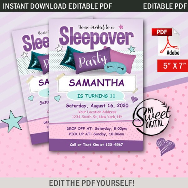 Convite de aniversário para festa do pijama para meninas, tema de convite para adolescentes, convite para evento personalizado, convite para impressão em PDF editável 5x7