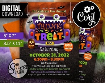 Halloween Trunk Or Treat Invitation Flyer for Kids, Fall Community Trick or Treat Event, Editable Corjl Printable Template, 2 Sizes
