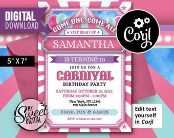 Pink Carnival Circus Birthday Invitation Instant Download, Children's Carnival Invite Theme, Personalized Party Invite, 5x7 Invitation
