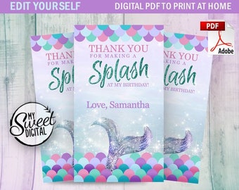 Sofortiger Download Magische Meerjungfrau Danke Geburtstagsparty Tag, Danke Tag, Kinder Party Favor Tag, bearbeitbare PDF, druckbare Tag