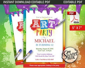 Instant Download Art Party Birthday Invitation, Craft Paint Invite Theme, Personalized Party Invite, 5x7 Editable PDF Printable Invitation