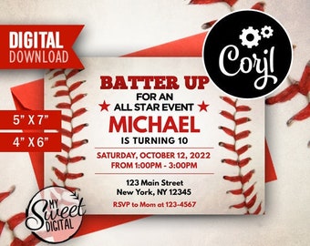 Baseball Birthday Invitation, Sport Invite Theme, Personalized Party Invite, 5x7 and 4x6 Editable Corjl Printable Invitation
