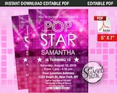 Pop Star Girl's Instant Download Birthday Invitation, Tween, Teen Party Invite, 5x7 Editable PDF Printable Invitation, Birthday Pink Theme