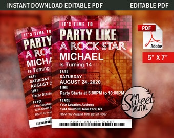 Music Teen Birthday Invitation, Band, Rock Star Event Party Invite Theme, Digital Invite, 5x7 Editable PDF Printable Invitation, DIGITAL PDF