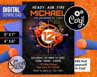 Dart Gun Battle War Birthday Invitation, Teenager Game Invite Theme, Personalized Party Invite, 5x7 or 4x6 Invitation JPG, Digital File