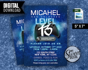 Teen Gamer Birthday Invitation, Teenager Video Game Invite Blue Theme, Personalized Party Invite, 5x7 Printable Invitation JPG, Digital File