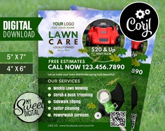 May include: Green lawn care flyer with a lawnmower, a QR code, and the text "Lawn Care" in a white circle with a green border. The flyer also includes the text "Free Estimates Call Now 123.456.7890" and a list of services offered, including weekly lawn mowing, shrub and bush trimming, sidewalk edging, gutter cleaning, and powerwash services.