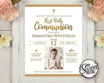 Custom Personalized First Communion Party Sign and Invite - Customized Invitation Digital File for Child Religion Prop, PDF Download