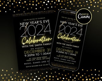 2024 Animated NYE Party Invitation Template, Digital New Years Eve Party Invite, Black & Gold Elegant Sparkle Invitation, NYE Mobile Invite