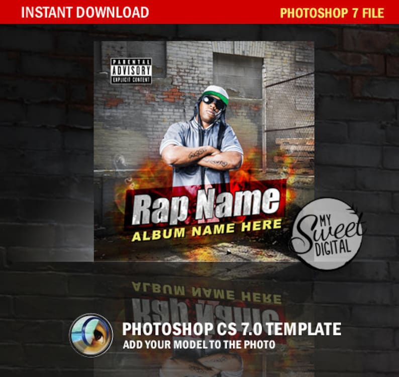 Pu&ograve; includere: Un modello di copertina di album digitale con un rapper di fronte a un muro di mattoni con fiamme. Il testo "Rap Name" e "Album Name Here" &egrave; visualizzato in grassetto. Il modello &egrave; progettato per l'uso in Photoshop CS 7.0.