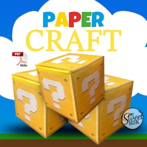 May include: A printable paper craft template for making a set of three yellow question mark blocks, inspired by the popular video game Super Mario Bros. The template is available as a PDF file.