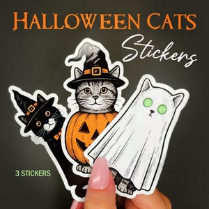 Halloween Ghost Cats Sticker Set of 3, Ghosts Halloween Stickers, Water Bottle Sticker, Laptop Sticker, Die-Cut Decal Sticker Gift