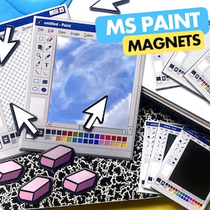 May include: A collection of MS Paint magnets featuring classic computer interface windows with toolbars, color palettes, and white mouse cursors. The set includes rectangular window designs, small pink eraser shapes, and a blue banner with MS PAINT MAGNETS text.