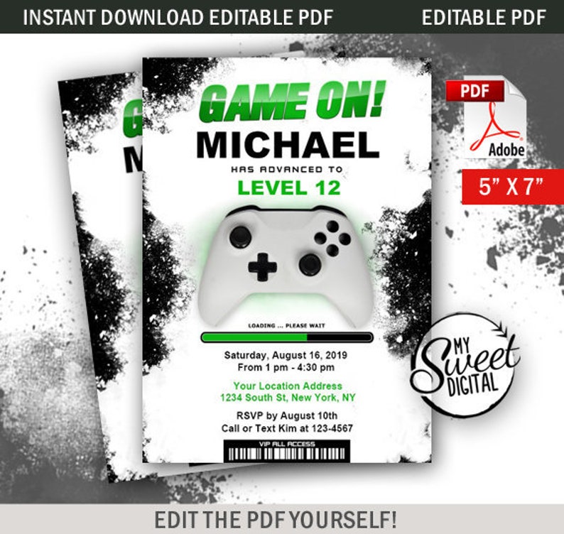 Instant Download Gamer Birthday Invitation, Video Gamer Invite Theme, Personalized Party Invite, 5x7 Editable PDF Printable Invitation 画像 1