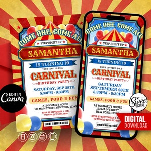 Faire-part vidéo d'anniversaire carnaval cirque, thème d'invitation à une fête de carnaval pour enfants, invitation personnalisée, carte vidéo cirque, montage sur toile