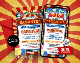 May include: A printable invitation for a 10th birthday party with a carnival theme. The invitation features a red, yellow, and blue circus tent with the text "Come One, Come All" and "Step Right Up". The invitation also includes the name "Samantha" and the text "Is Turning 10" and "Your Invited to a Carnival Birthday Party".