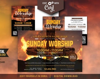 Kirche Postkarte Mailer, Sonntagsgottesdienst Kirche Vorlage Flyer Ad, christliche Grafikdesign Social Media Werbung einladen, Corjl Vorlage